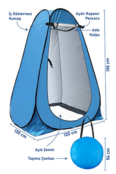 Black Island Otomatik Kamp Çadırı -Kabin Çadır - Duş / Giyinme / Kamp Tuvalet Çadırı - 120x120x190 Mavi