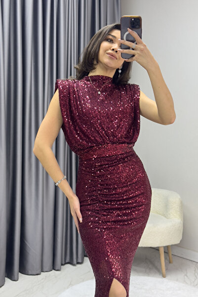 zks grup tekstil Kadın Dik Yaka Kuşak Detay Yırtmaçlı Pul Payet Abiye Elbise Lacivert,Siyah,Bordo,Gümüş, Zümrüt Yeşil