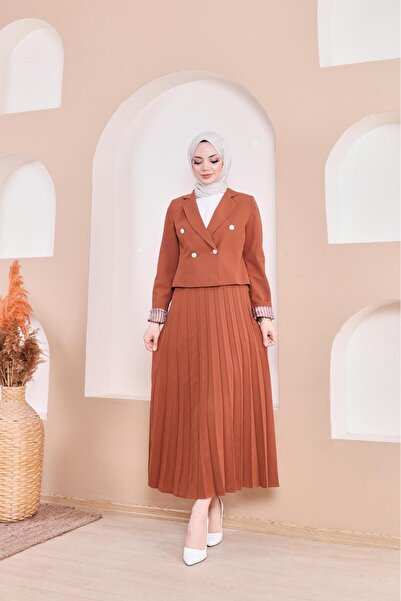 MİSS M.A.T FASHİON BLAZER JACKET PLEATED SKIRT METAL 4-BUTTON DOUBLE-BREASTED SUIT