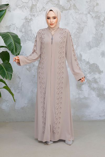 Neva Style Beige Hijab Ferace 29123Bej Bead Embroidered