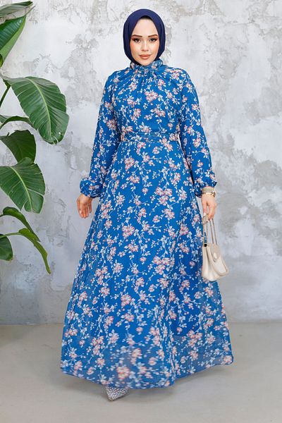 Neva Style Rochie Hijab Albastru Petrol cu ​​Model Floral 52682PM