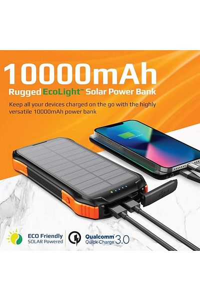 Promate Solar Power Bank 10000mAh, IP65, 10W Qi, 20W USB-C, QC 3.0, 300lm LED Light