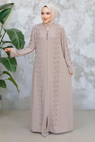 Neva Style Beige Hijab Ferace 29123Bej Bead Embroidered