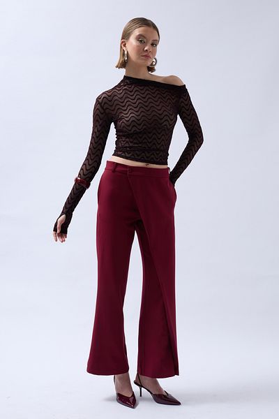 Black Fashion Wrap Detail Asymmetrical Burgundy Trousers