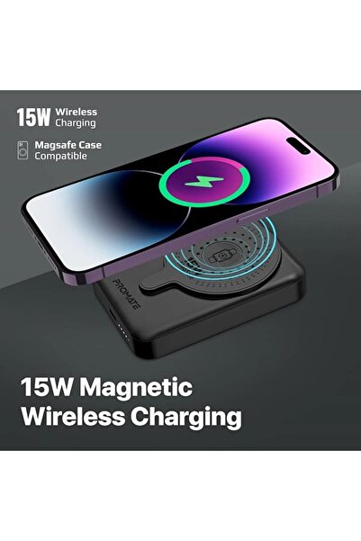Promate iPhone 15 Magnetic Wireless Power Bank, 10000mAh, 15W, 20W USB-C, Slim, PowerMag-Duo Black