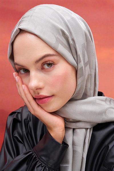 carell Lettering Pattern Jacquard Italian Silk Shawl Light Gray