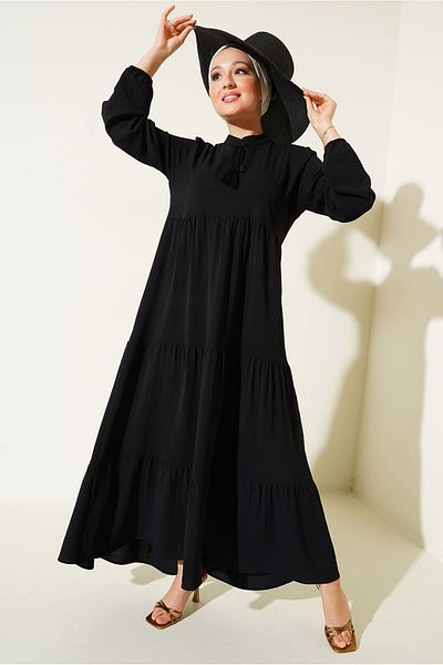 Bigdart 1627 Hijab-Kleid mit Kragen und Schnürung – Schwarz