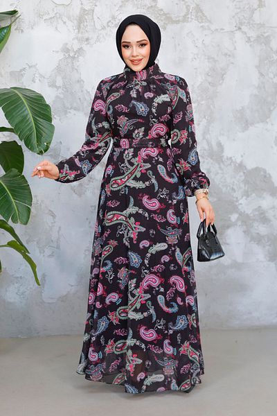 Neva Style Floral Print Black Fuchsia Hijab Dress 52681Sf