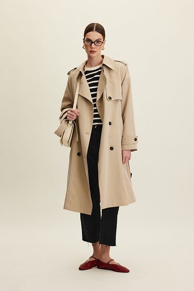 Manuka ANIKA Steinfarbener zweireihiger Trenchcoat mit Gürtel