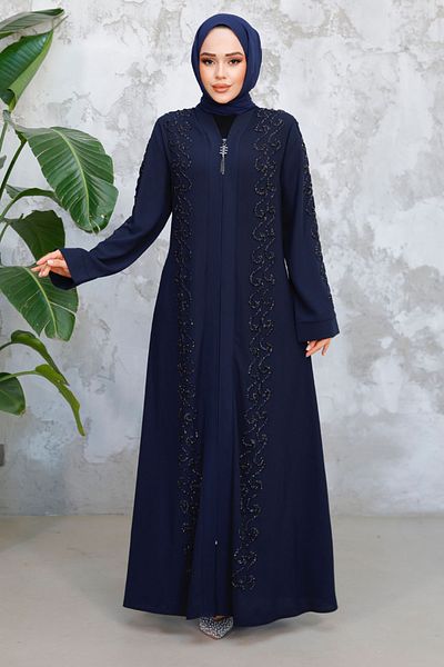 Neva Style Bead Embroidered Navy Blue Hijab Ferace 29123L