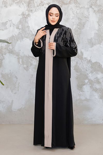 Neva Style Patterned Black Beige Hijab Abaya 15079Sbej