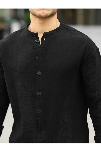 Valiberta Ανδρικό πουκάμισο Muslin Oversize - Ελαφρύ και αναπνέον, γιακά με μισό πατιλέτα, μαύρο