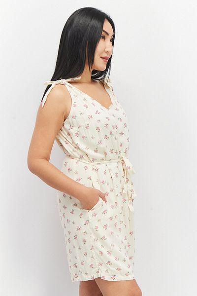 PIECES Women Floral Print Tie Sleeve Playsuit, Cream