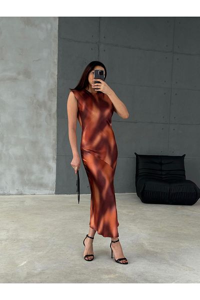 Maldia Shop Rochie de damă cu mânecă scurtă, lungă, moale, cu imprimeu din satin
