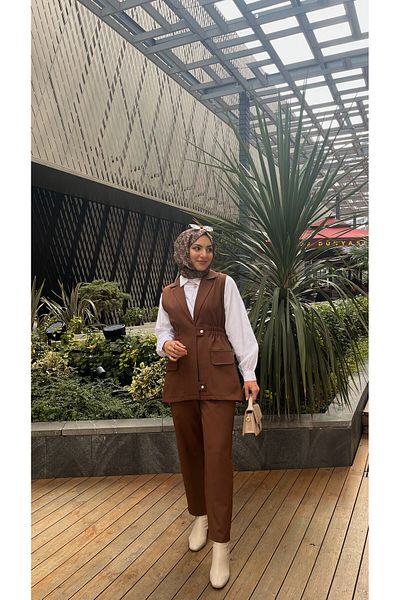 İpli Women's Brown Shirt Pants Vest Triple Set