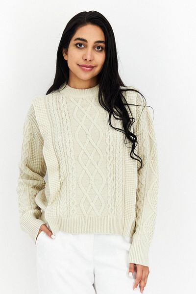 Aqua Women Crew Neck Textured Sweater, Beige
