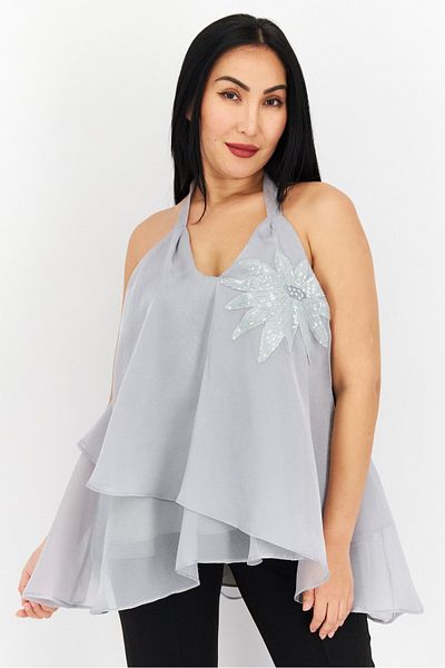 Beulah Women Halter Neck Sleeveless Textured Top, Grey