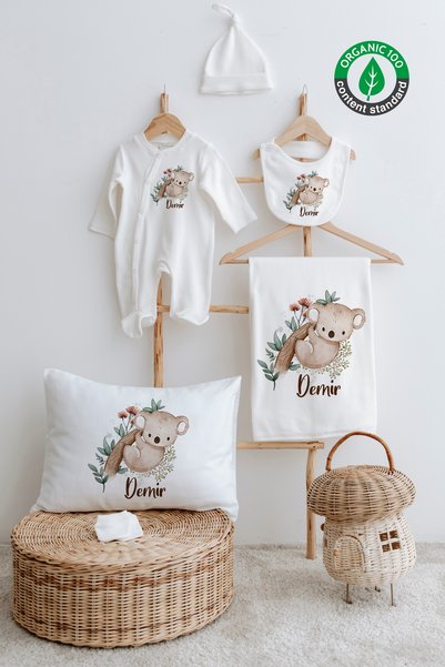 Lilabio %100 Organik Isme Özel Isimli 5li Hastane Çıkışı Tulum Set Koala