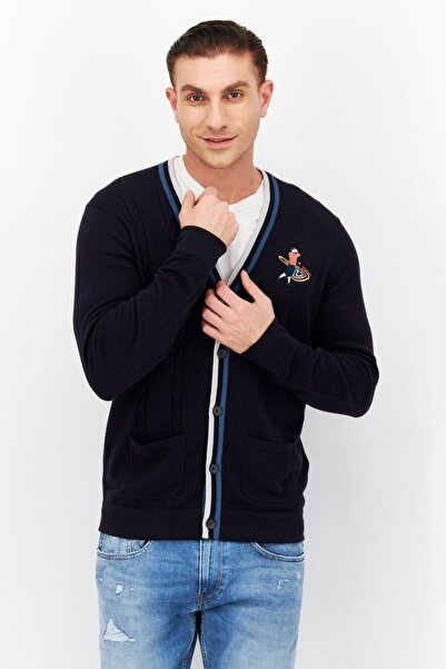 Lyle & Scott كارديجان رجالي محبوك ومطرز بفتحة على شكل حرف V، أزرق داكن