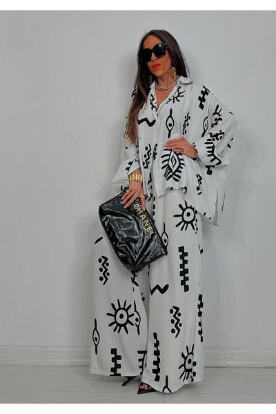 Natavanbutık White Ethnic Patterned Shirt and Pants Set