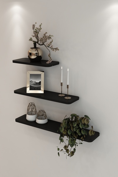 TALAŞTOZUM Siyah 3'lü Uçan Raf Modern Duvar Rafı 40-60-80 Cm