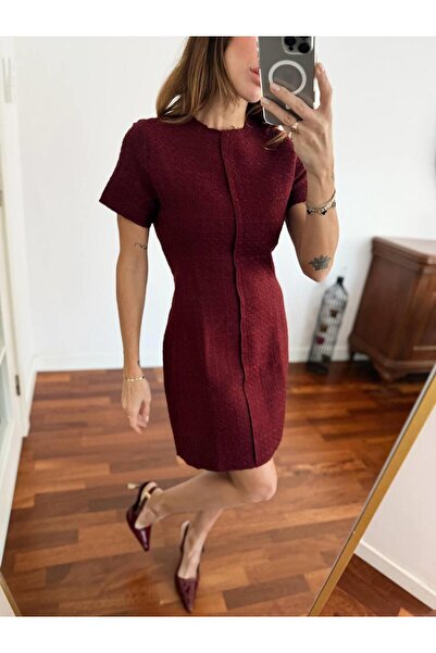 Maldia Shop Women's Tweed Fabric Short Sleeve Burgundy Dress