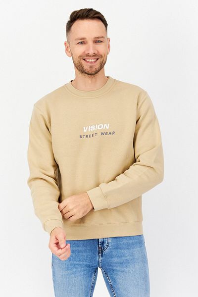Vision Street Wear Men Crew Neck Long Sleeve Embroidered Logo Sweatshirt, Beige