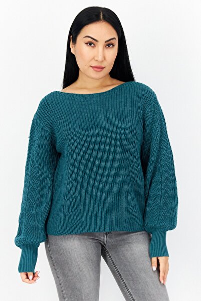 edc Women Boat Neckline Crochet Long Sleeve Sweater, Teal Green