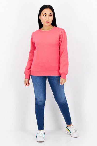 French Connection Women Crew Neck Solid Fleece Puff Sleeve Sweatshirts, Dessert Rose