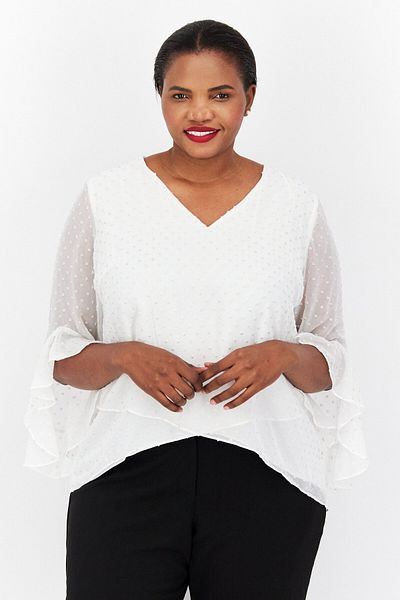 Vince Camuto Women Plus Size V-neck Flutter Sleeve Swiss Dot Blouse, Ivory