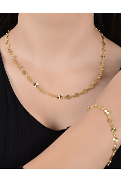 B.S. SÖYLEMEZ KUYUMCULUK VE EMLAK NEW MODEL DORİKA DETAYLI YONCA ALTIN  PULLU İKİLİ SET 14 AYAR 10.10GR  KLY\50CM BLK\19-22CM 6.9MM