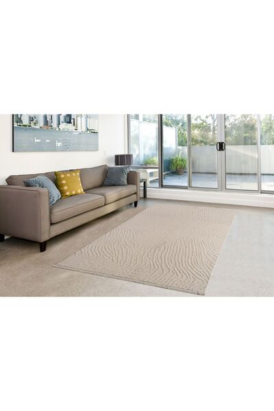 Plato Halı Opqo Padişah Premium Oturma Odası, Salon, Antre, Mutfak Yıkanabilir Polyester Kaymaz Taban Krem Halı