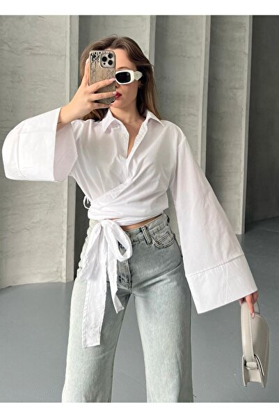 GALAVİP Kadın Yeni Sezon Beyaz Bağlama Detaylı Gömlek