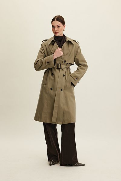 Manuka Płaszcz typu trenchcoat Anika Khaki - dwurzędowy i z paskiem
