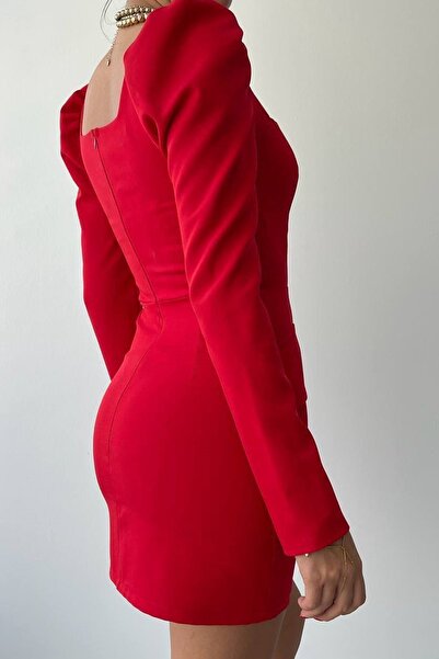 bayansepeti Red Atlas Fabric Square Neck Princess Sleeve Design Mini Evening Dress 310