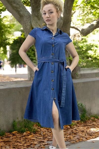 yagmurberen Rochie din denim cu mânecă șapcă, cu curea în talie, cu nasturi