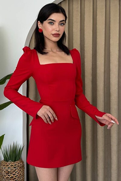 bayansepeti Red Atlas Fabric Square Neck Princess Sleeve Design Mini Evening Dress 310