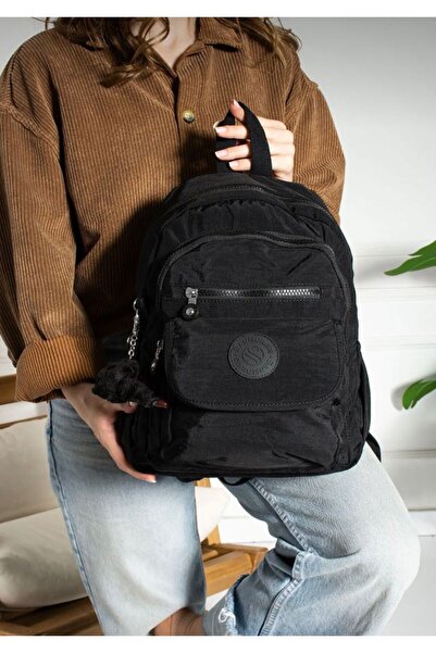 Morpelikan Women's Waterproof Parachute Fabric Multi-Compartment Front Pocket Black Backpack with Adjustable Strap