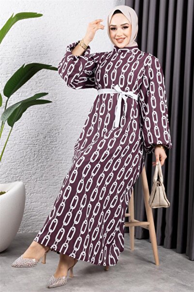 Genel Markalar Zincir Desenli Tesettür Elbise BORDO
