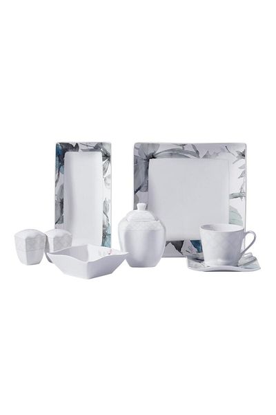 KORKMAZ 8676 Link Collection Blue Flower 6-Piece 28 Piece Square Breakfast Set