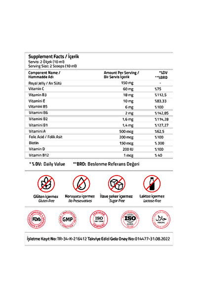 Validus Royal Jelly Vitamin B12 + Vitamin B3 + Vitamin D3 + Vitamin C + Folic Acid 150 ml Syrup