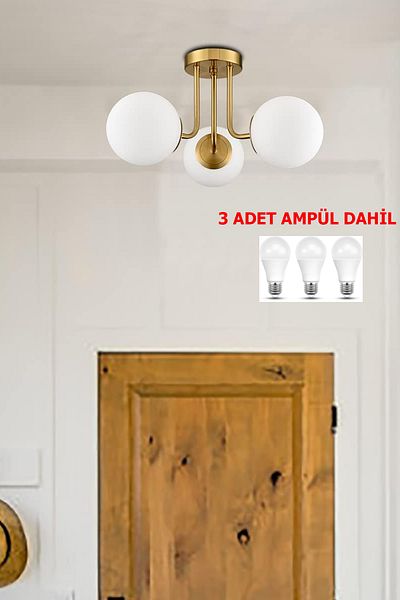 Uçar Meli̇ssa Modern White Globe Glass Living Room Triple Chandelier 6-Piece Chandelier