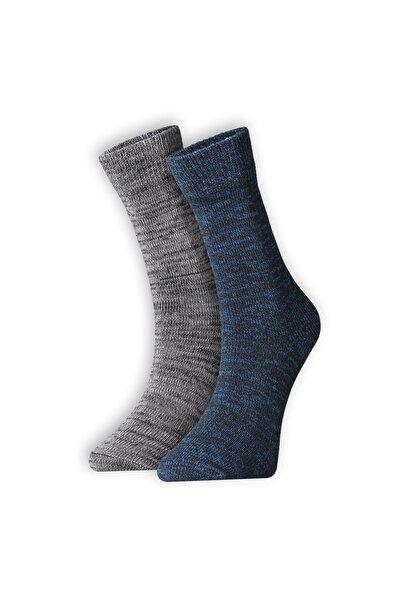 FOURSOLOS Unisex, 2'li Mavi Melanj-Gri Melanj Pamuklu Rahat Kalın Kışlık Soket Bot Çorabı, 38-44