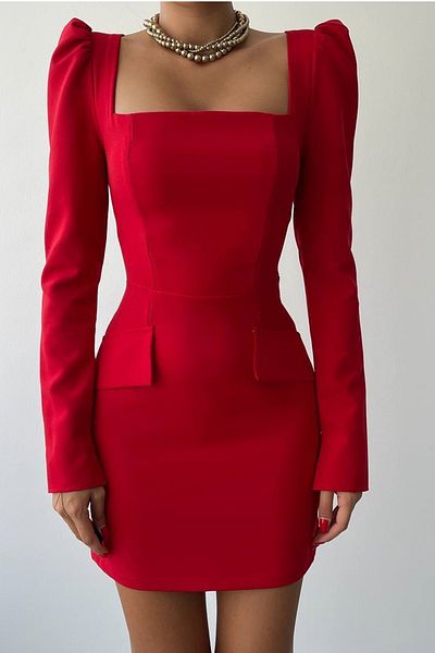 bayansepeti Rochie roșie din țesătură Atlas, cu decolteu pătrat, cu mâneci prințesă, mini rochie de seară 310
