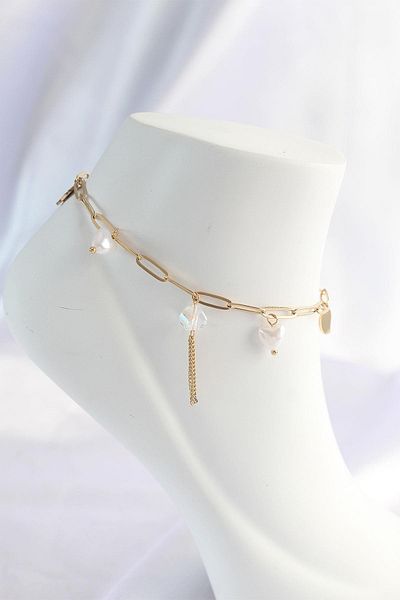 Celira Steel Gold Color Heart Detailed Dangle Anklet