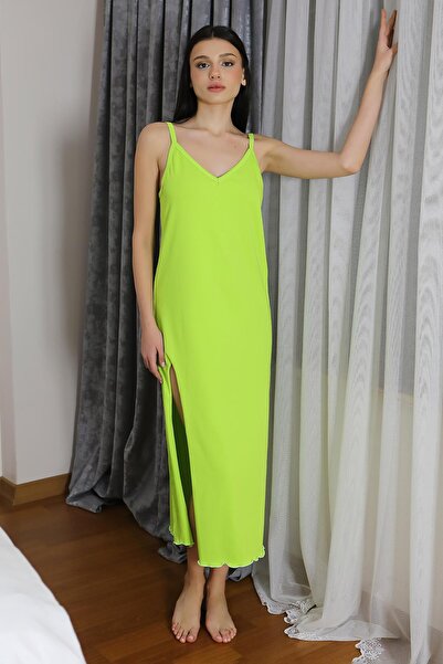 Akbeniz Women's Rope Strap Long Slit Cotton Combed Nightgown Neongreen 90125