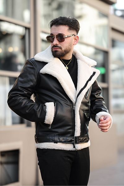 MİS MODA Men's Complete Fur Winter Leather Coat