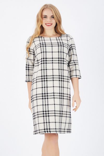 Sense Ecru Black Checkered Long Sleeve Plaid Dress - Elb32153