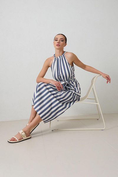 Setre Ecru-blue Linen Blend Halter Neck Belt Detailed Dress
