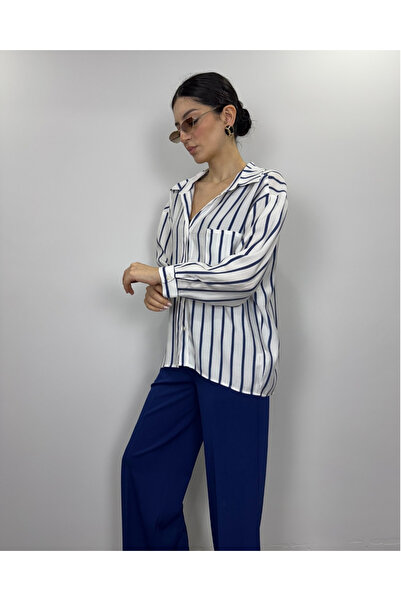 deqfashion Beyaz Çizgili Modal Kumaş Oversize Salaş Gömlek